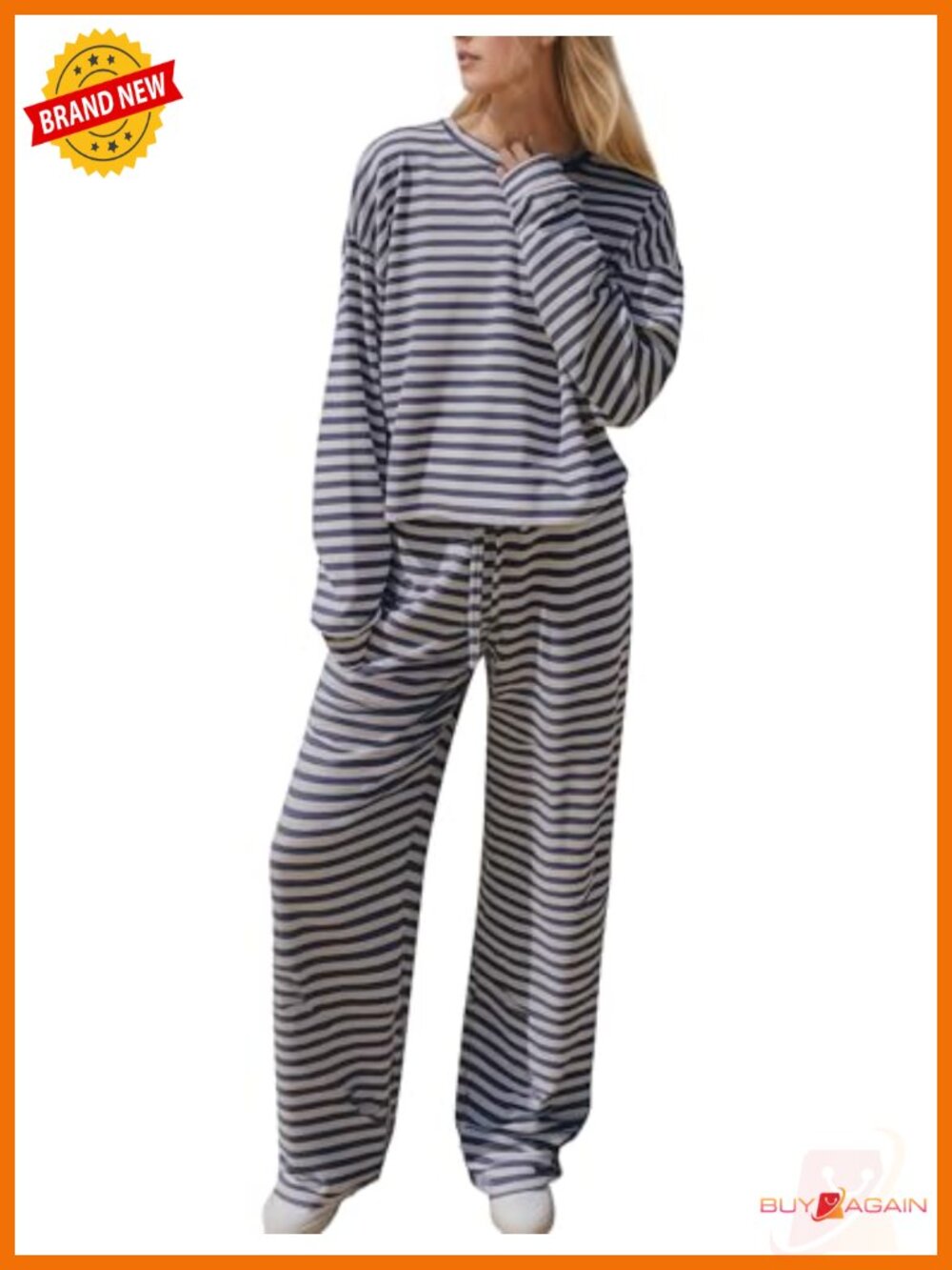 Striped Pajama Set Women 2 Piece Cotton Lounge Outfit Long Sleeve Tee Wide Leg